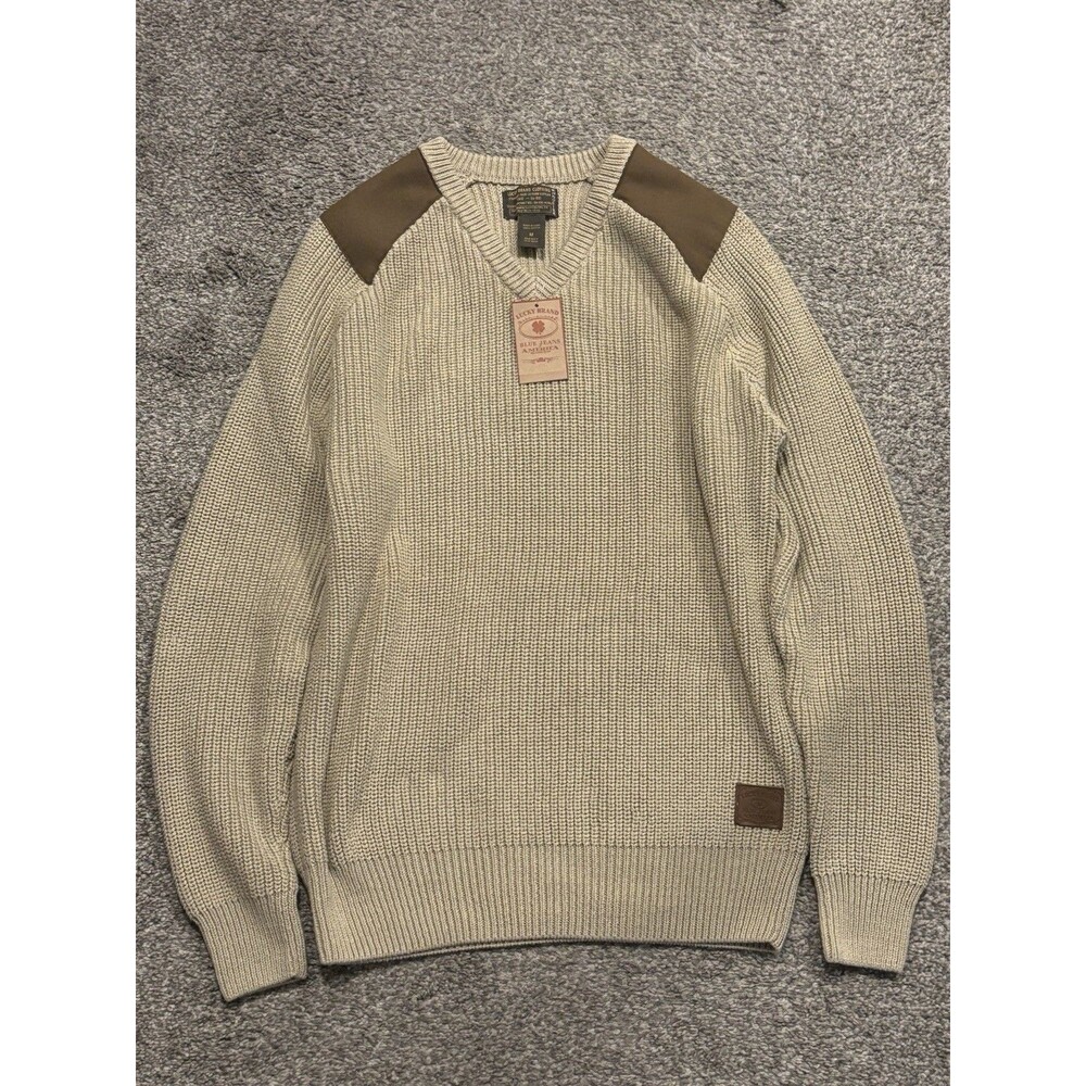 Lucky Brand Mens M V-Neck Ribbed Cotton Sweater Tan Brown Shoulder Patches Y2K